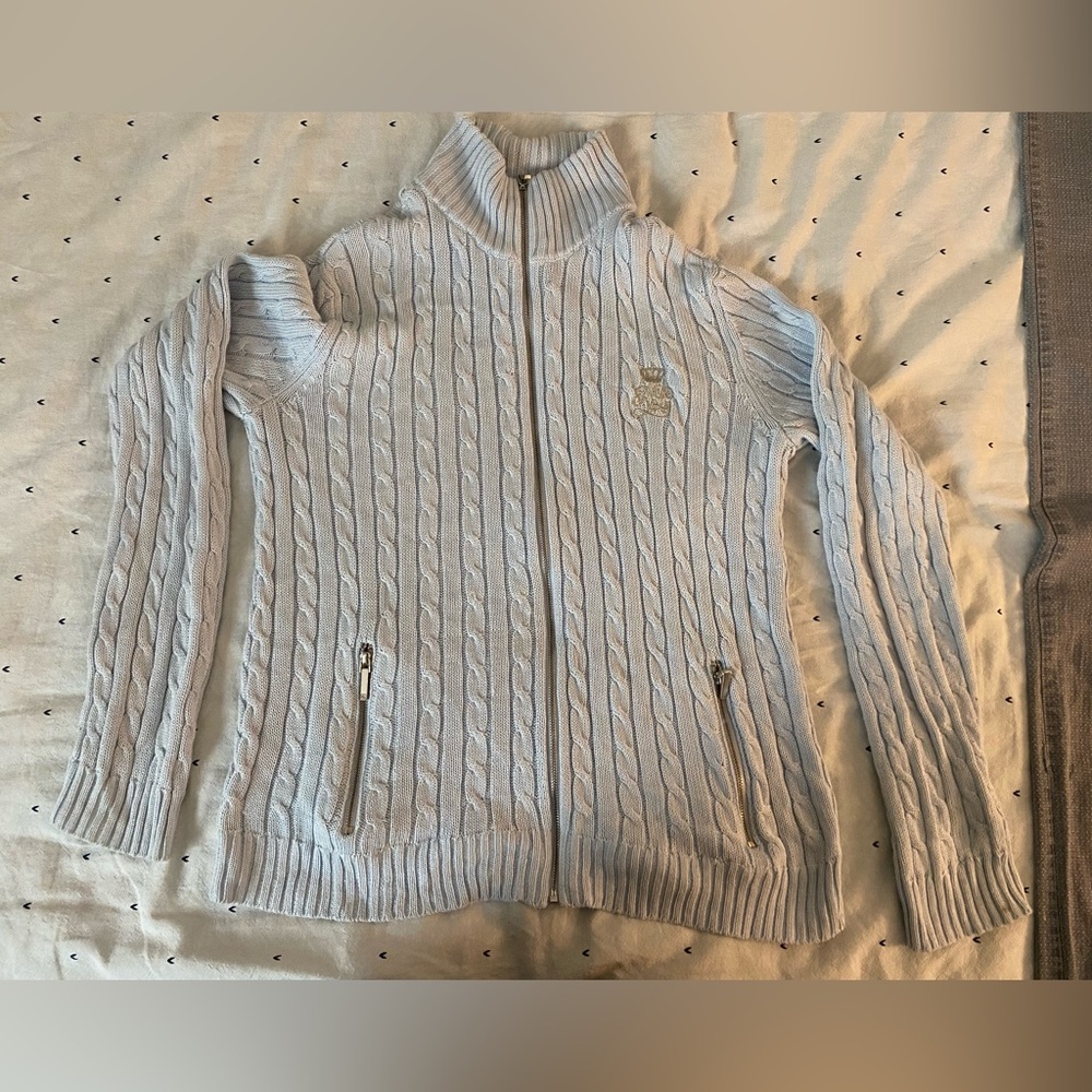Small, Ralph Lauren, cable knit sweater, light blue, zip up